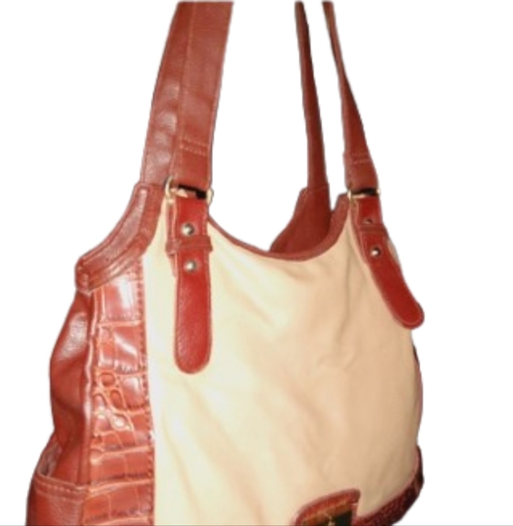 Two Tone Brown Shoulder Bag Crocodile Textured Sides Gold Toned Hardware - Picture 4 of 10